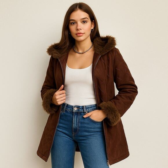 Ann Klein Jackets & Blazers - Y2K Faux Suede Fur Trim Hooded Coat Zip Up Women’s Medium 2000s VTG Brown Jacket